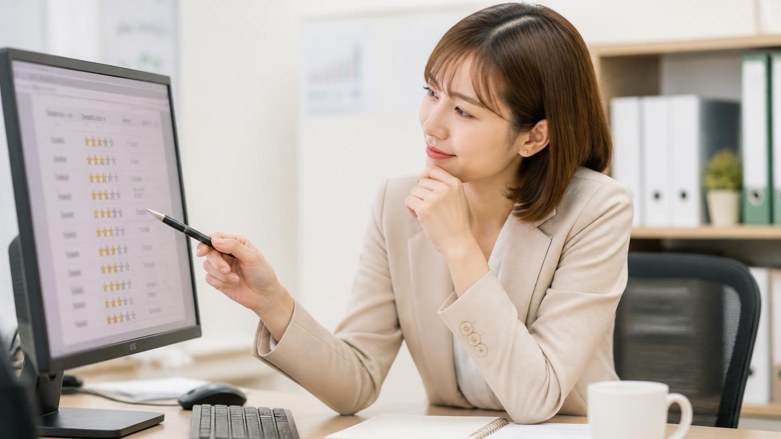 ★3.3は低いと決めつける前に同業の件数を見てほしい。事務所で他社の口コミ件数を並べて見る女性1人が納得の表情