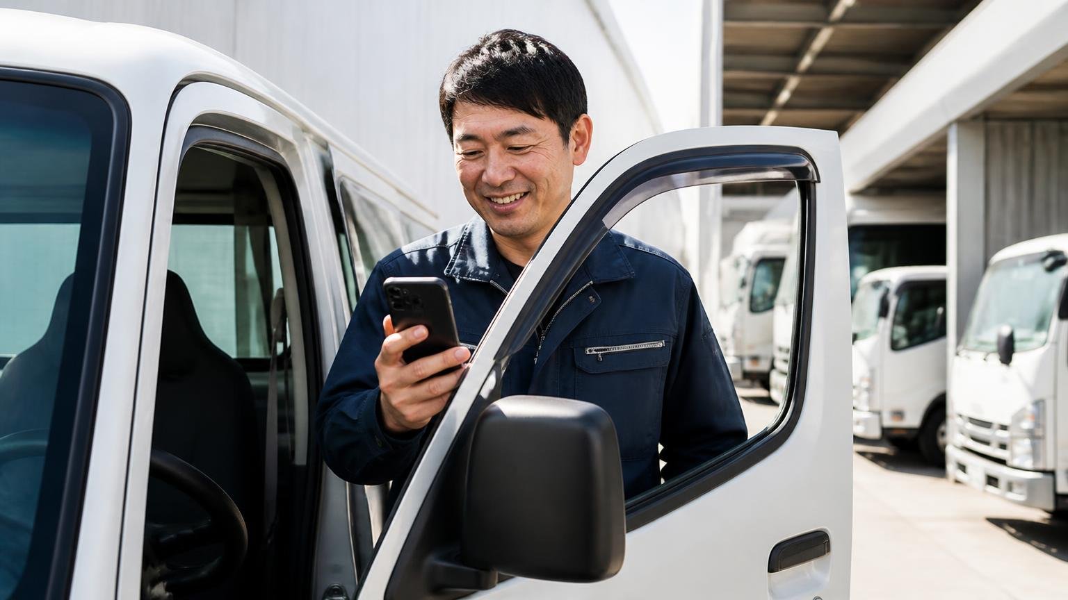 連絡と書類のレスポンスが速い声 早朝の車庫で運転席のドアを開けスマホを見る男性1人 笑顔