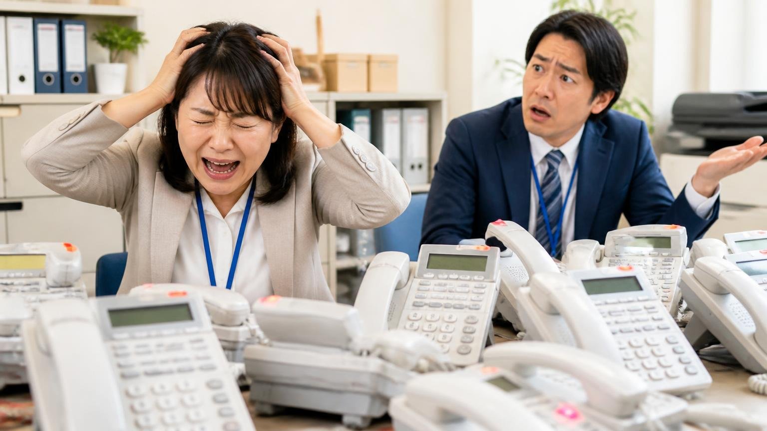 トラック買取の悪い評判で一番多いのは電話|事務所で鳴り続ける電話を前に頭を抱える女性1人と困惑する男性1人
