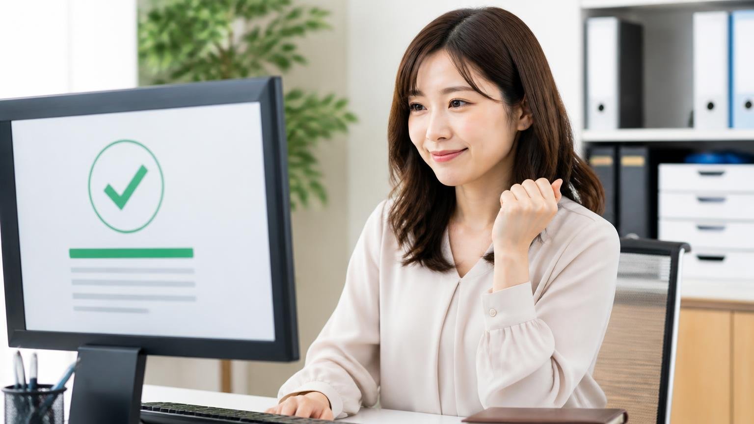 買い手としての支払いは「迅速」という評価も 事務所のパソコンで入金完了の画面を確かめ、ほっとした表情でうなずく30代女性