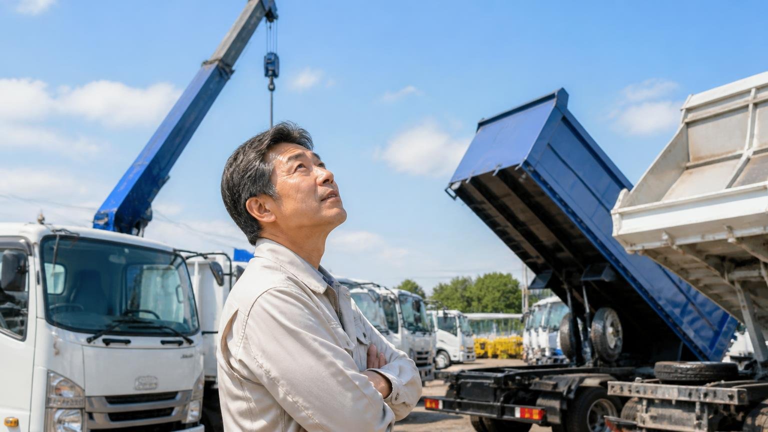 唯一「下取り」に触れた口コミと、第三者から見た得意な車種、クレーン付きトラックとダンプが並ぶ展示場で見上げる50代男性1人