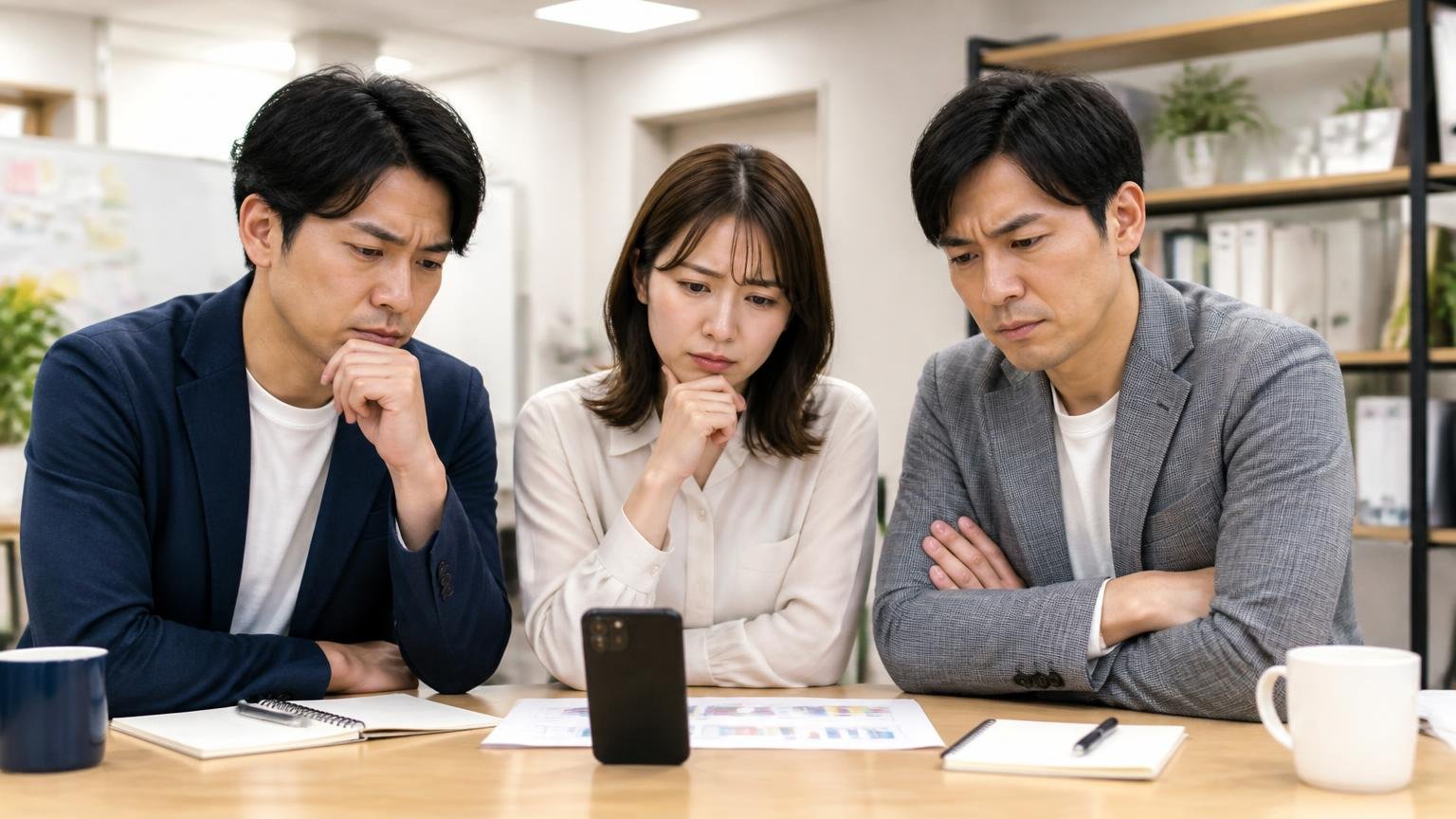 ★3が16件中8件｜理由の書かれていない★の読み方、事務所のテーブルでスマホの★評価を見つめ腕を組んで考える男女3人