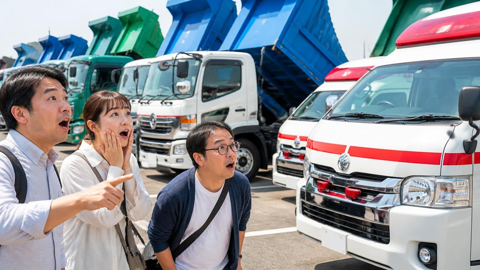 在庫の多さと、救急車まで扱う特殊車両の品揃えへの声、広い展示場に並ぶダンプや救急車の前で目を丸くして見上げる見学客の3人