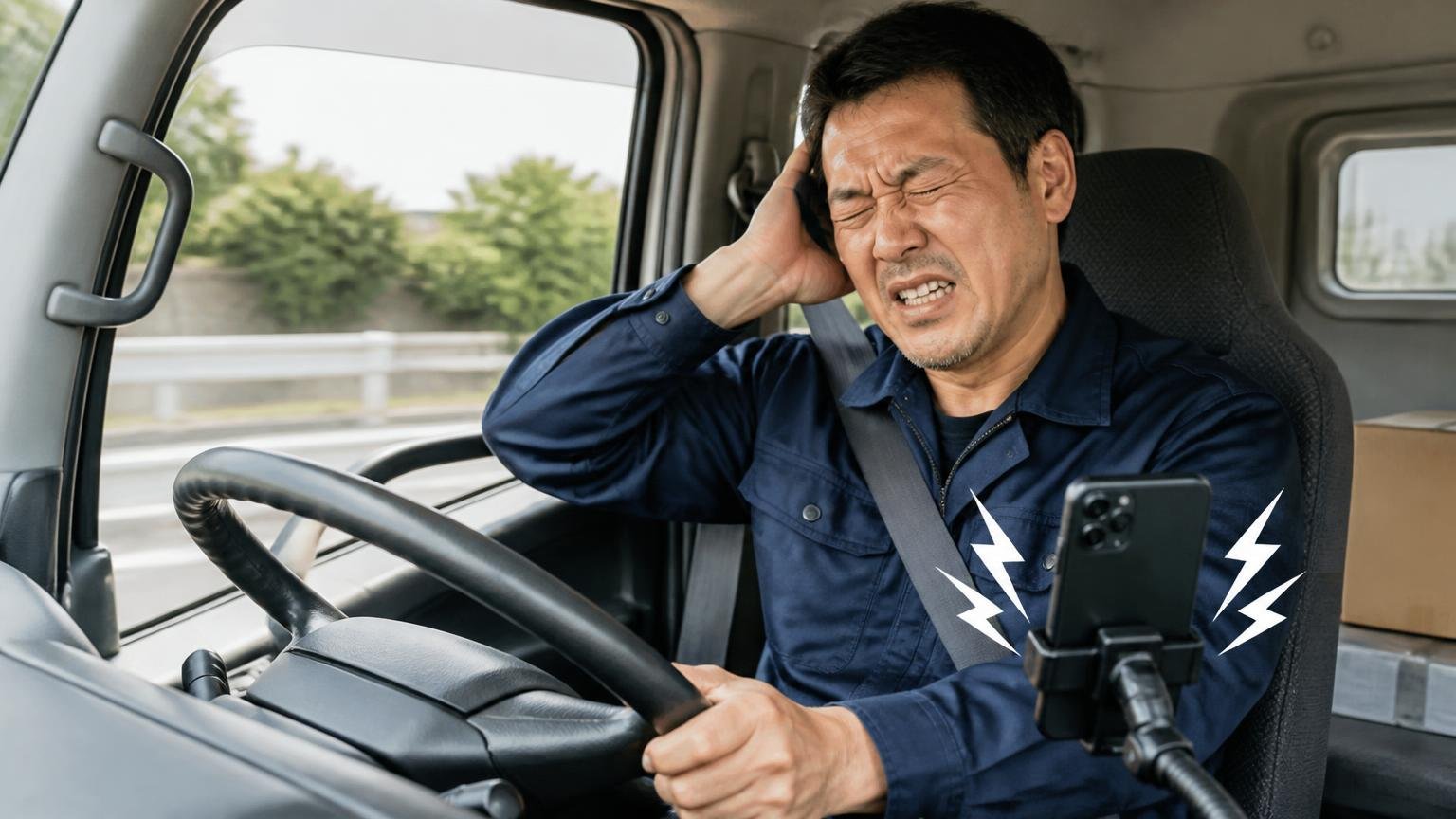 連絡手段を最初に指定すれば営業電話は減らせる｜配送中のトラック運転席で鳴り続けるスマホにうんざりする男性ドライバー