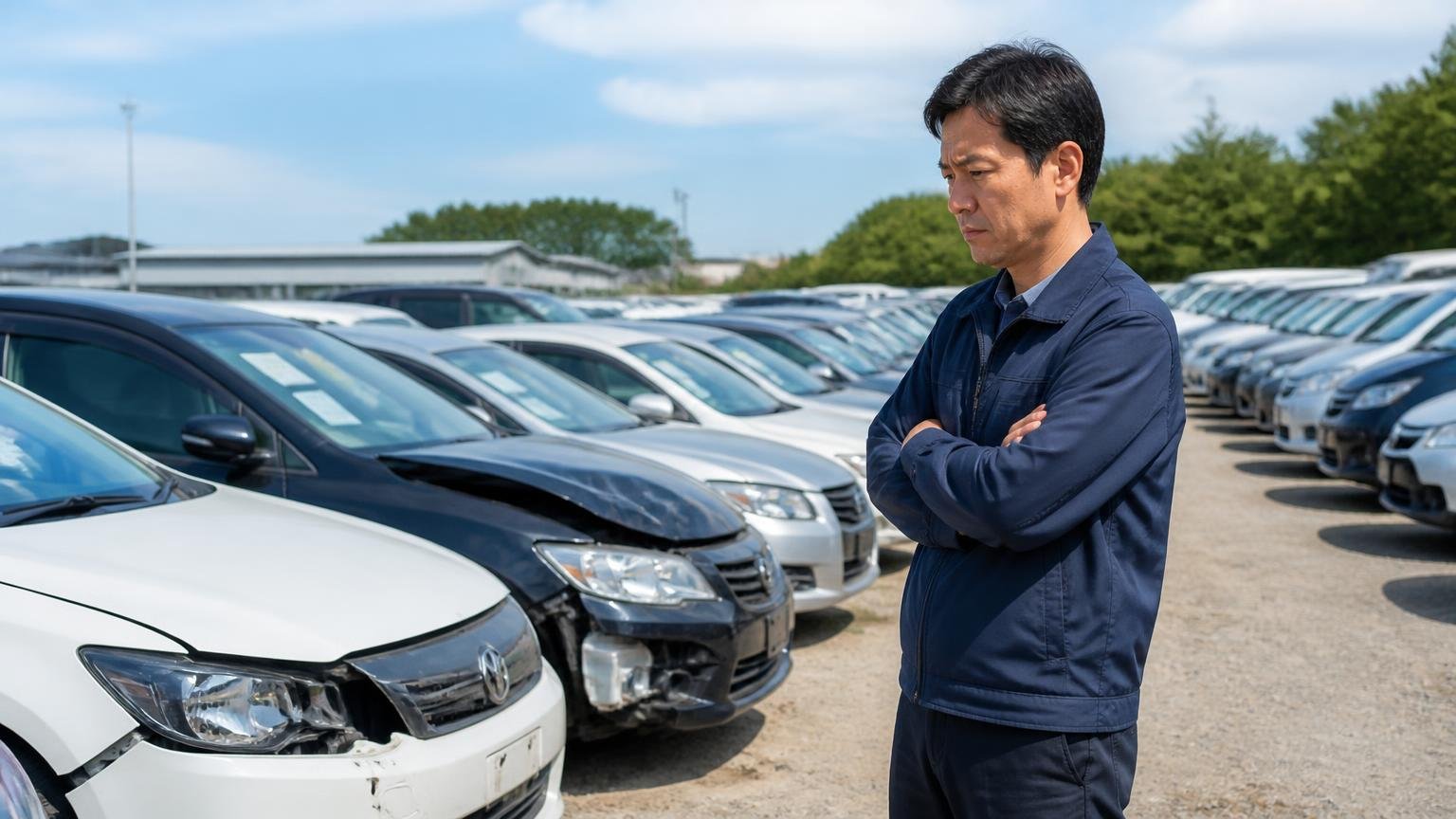 査定額と別軸の星1 車両が並ぶ屋外ヤードを歩いて見回る男性1人 腕組みして考える