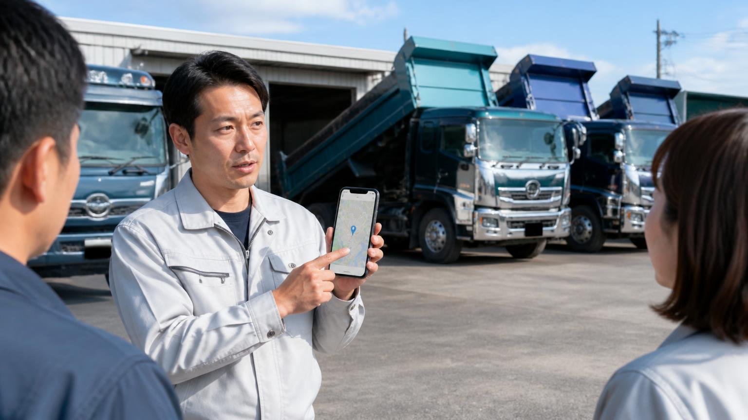 拠点が実在するか・どのエリアにあるか。営業所の敷地に並ぶダンプの前で、男性が地図アプリを見せながら説明する