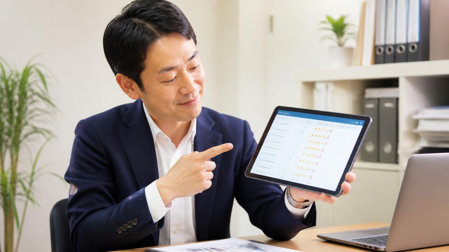 評価項目そのものが買う人向けに作られている／事務所でタブレットの評価項目画面を指さす男性1人／納得した表情でうなずく