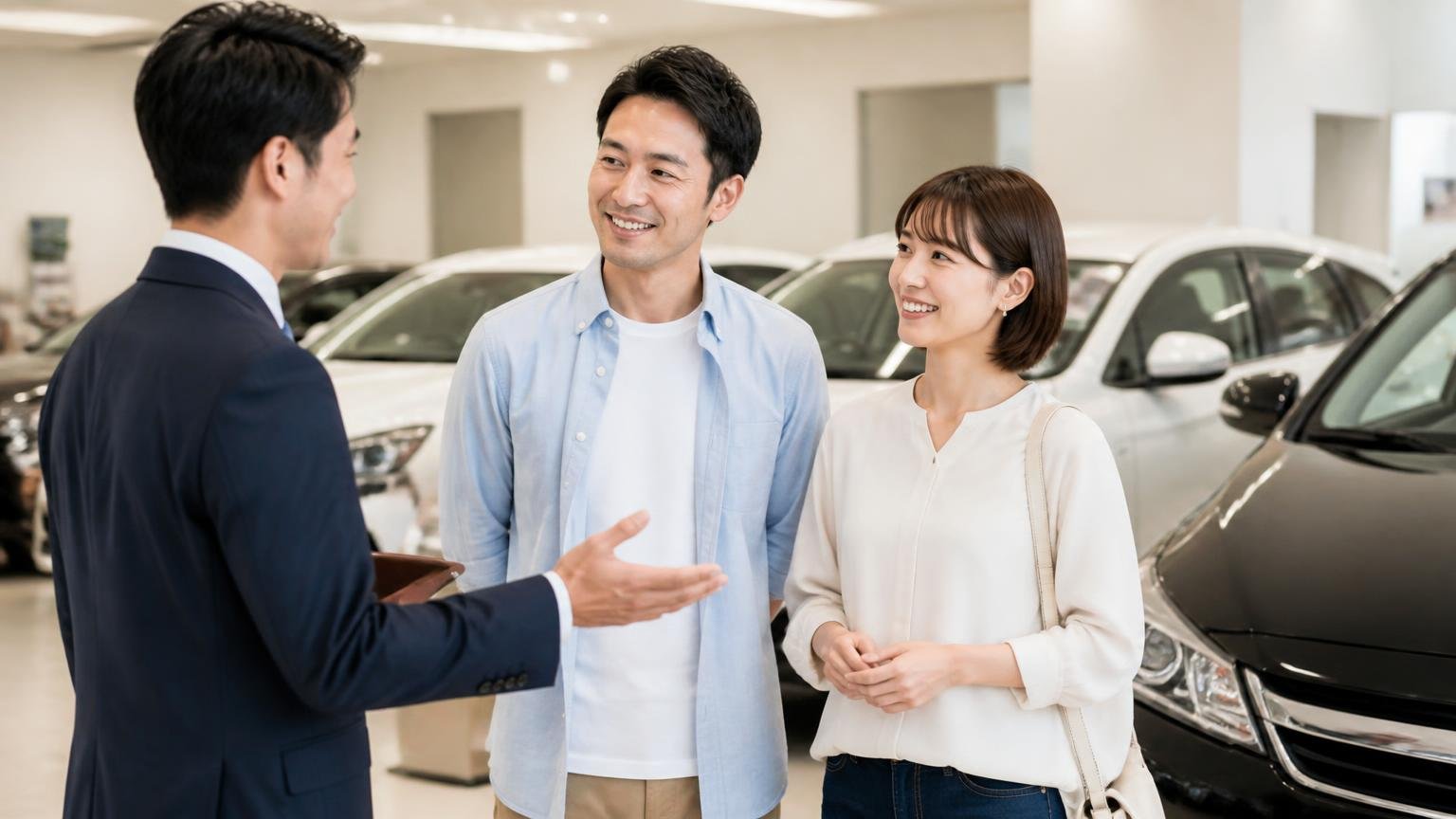 しつこい営業がなかったという声、中古車の展示スペースで案内を受ける男女2人が肩の力を抜いて穏やかに笑う