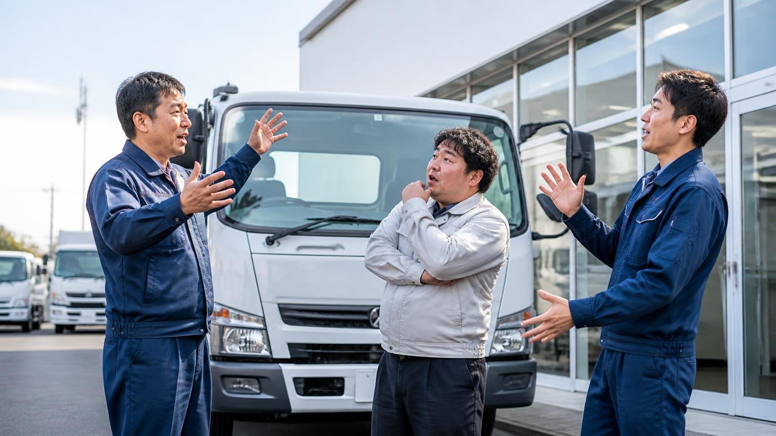 商用車の販売店に口コミが集まりにくい理由と、★の正しい使い方 営業所の前でトラックを囲んで話す作業着の男性3人、身ぶりが大きい