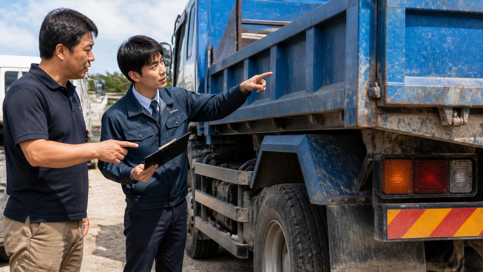 買取は「査定無料・出張査定・現金買取・事故車OK」と案内 屋外でダンプの荷台まわりを確認する査定スタッフ1人と持ち主1人、身ぶりで説明