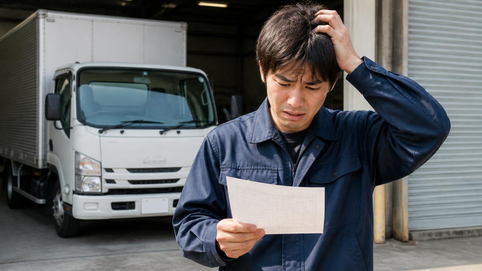1社の評判だけでは査定額が高いか安いか分からない 車庫の2tトラックの前で見積書1枚を手に頭を抱える若い男性ドライバー1人