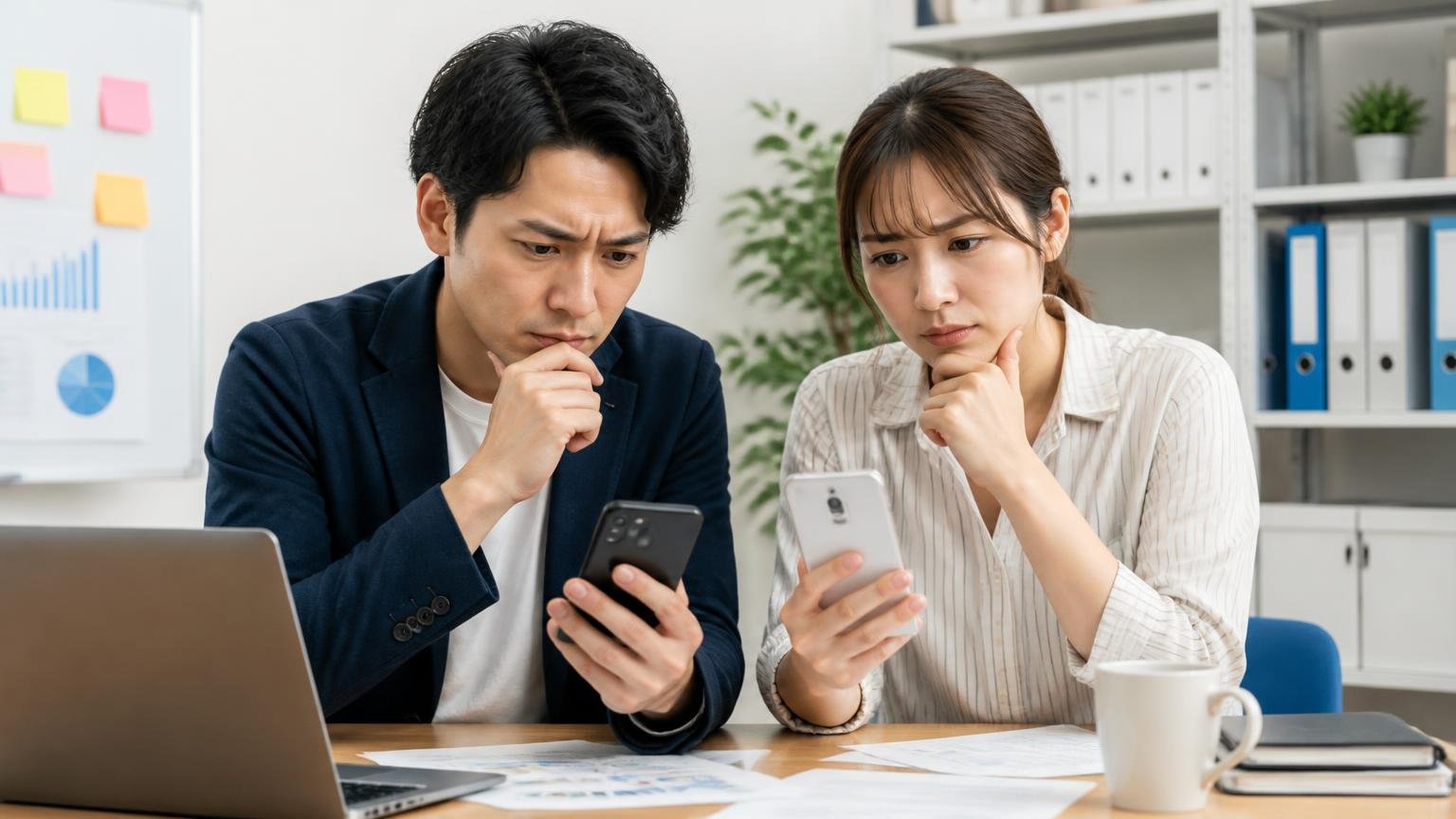 悪評は「会社の体質」か「当たり外れ」か|切り分けて分かった3つのこと 事務所でスマホの口コミを見比べ考え込む男女2人