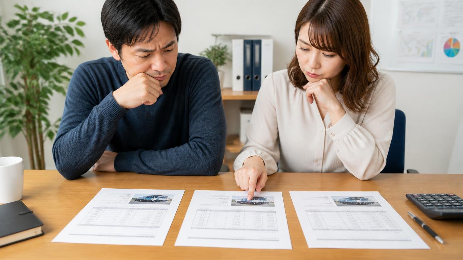 自興S&Tの査定額が妥当か確かめたい人が、横に並べたいトラック買取業者3選。事務所の机で男女2人が見積書3枚を並べて見比べる