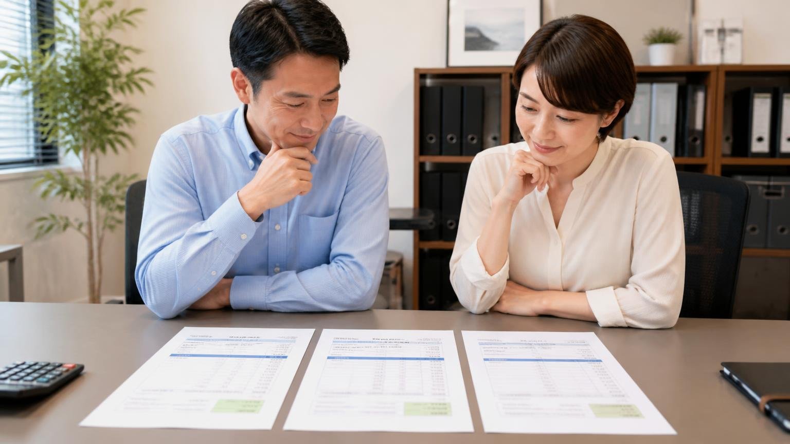 横浜トクソーの査定額が妥当か確かめたい人の、比較相手にしたい買取業者3選 事務所の机に見積書を3枚並べ、男女2人が見比べてうなずいている