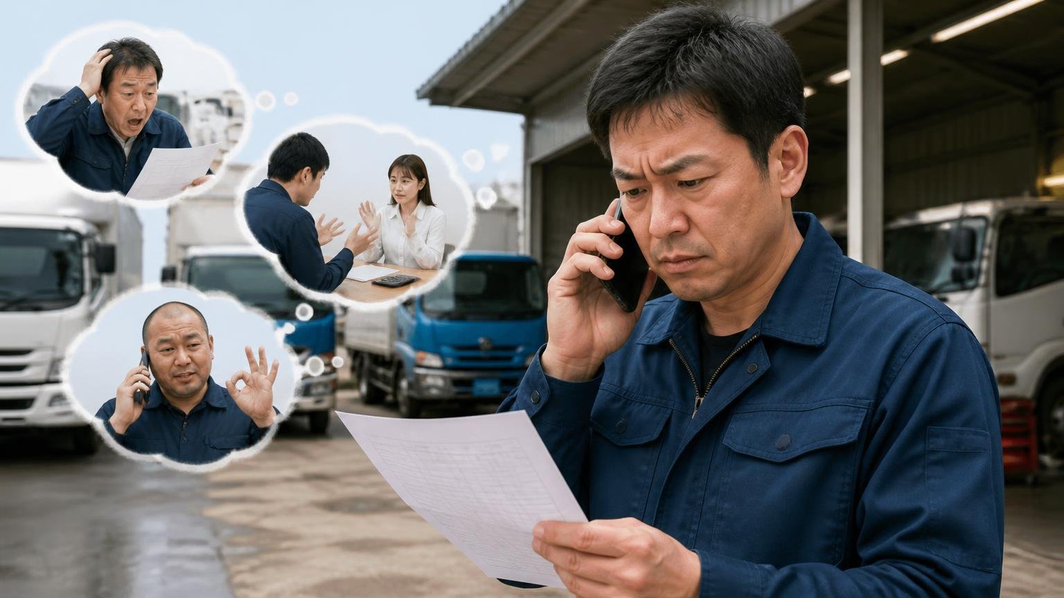 トラック買取でよくある悪評パターンと、イワノ自販で確認できたこと、営業所の車庫で見積書を手に電話をかける作業着の男性1人が険しい顔