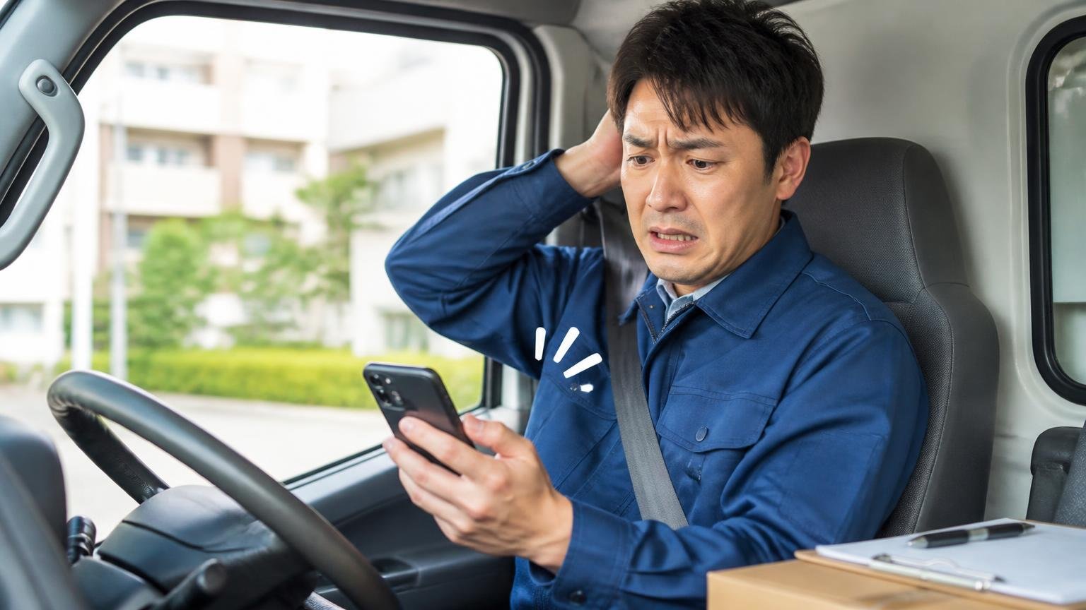 連絡方法をメールに指定できる、配送の合間にトラックの運転席で鳴り続けるスマホを見て困る30代男性1人