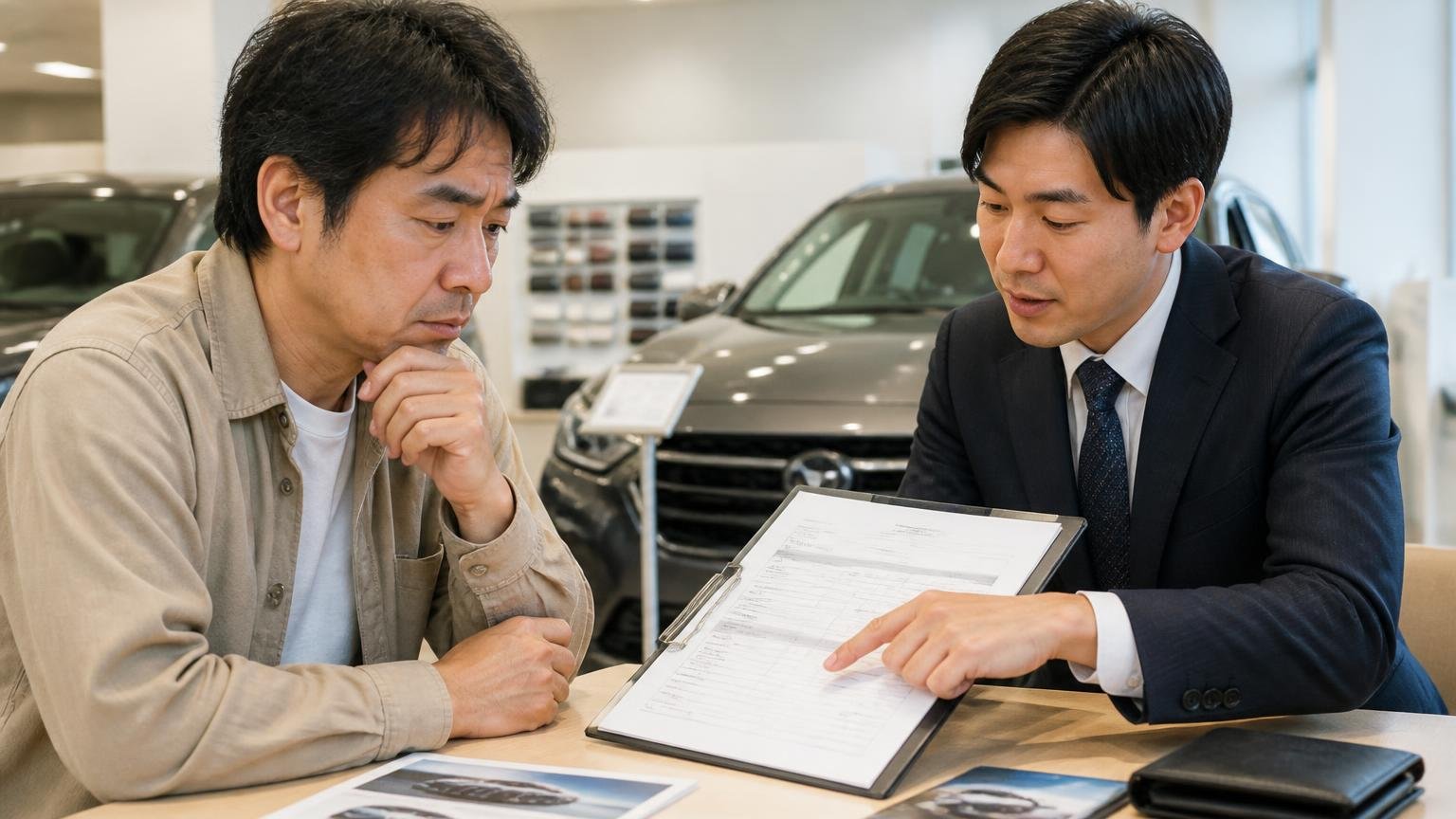 「対応が丁寧」=「高く買ってくれる」ではない理由、展示場で丁寧な説明にうなずきつつ見積書の金額を指さす男性2人、真剣な表情