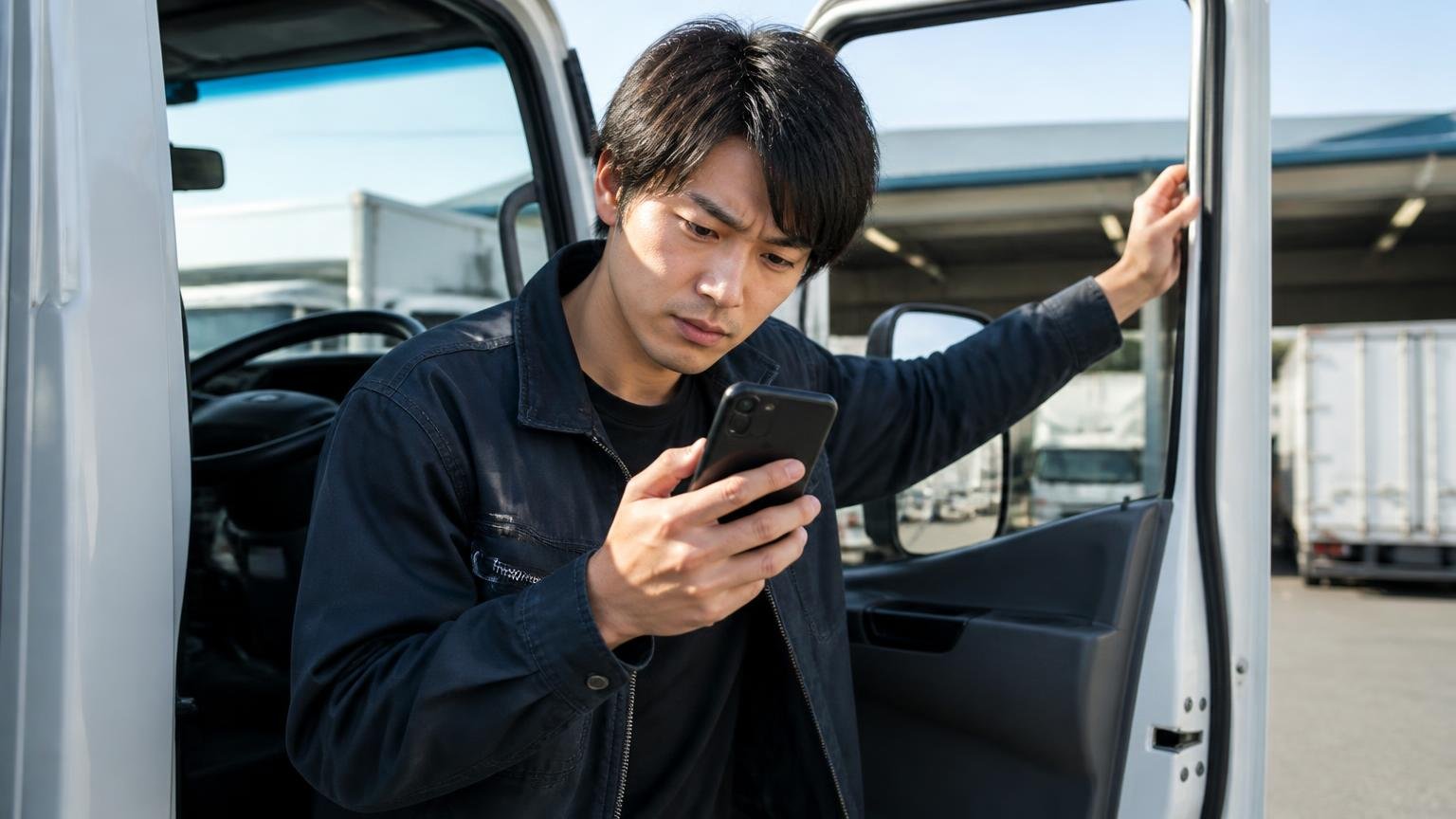 営業時間と社名が地図サイトとズレている｜電話する前に公式サイトで確認。早朝の車庫で運転席のドアを開けながらスマホで営業時間を確認する若いドライバー1人