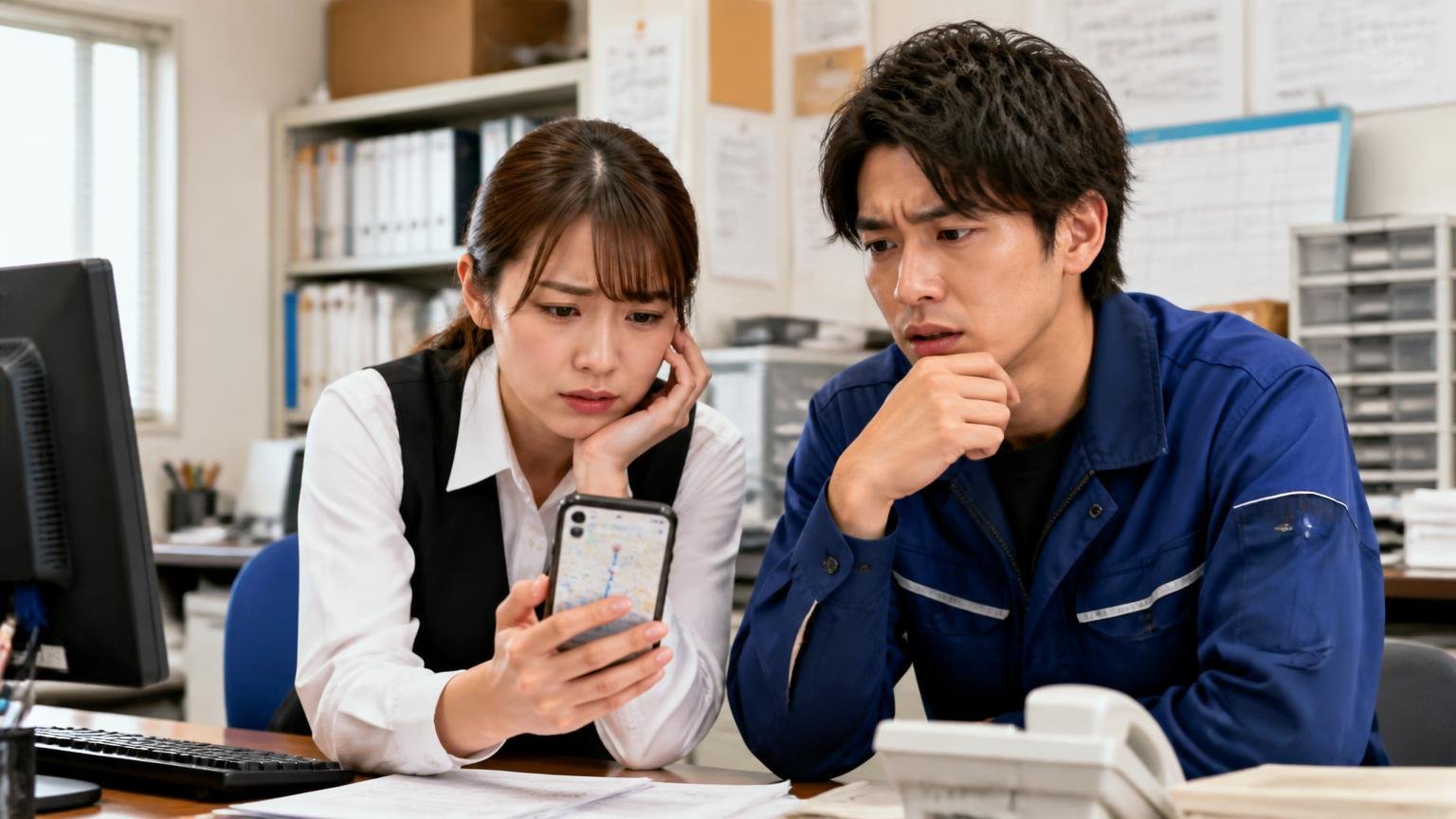 向いていない人の条件、運送会社の事務所で地図アプリの距離を見ながら困った顔で相談する事務担当の女性1人と若い男性ドライバー1人