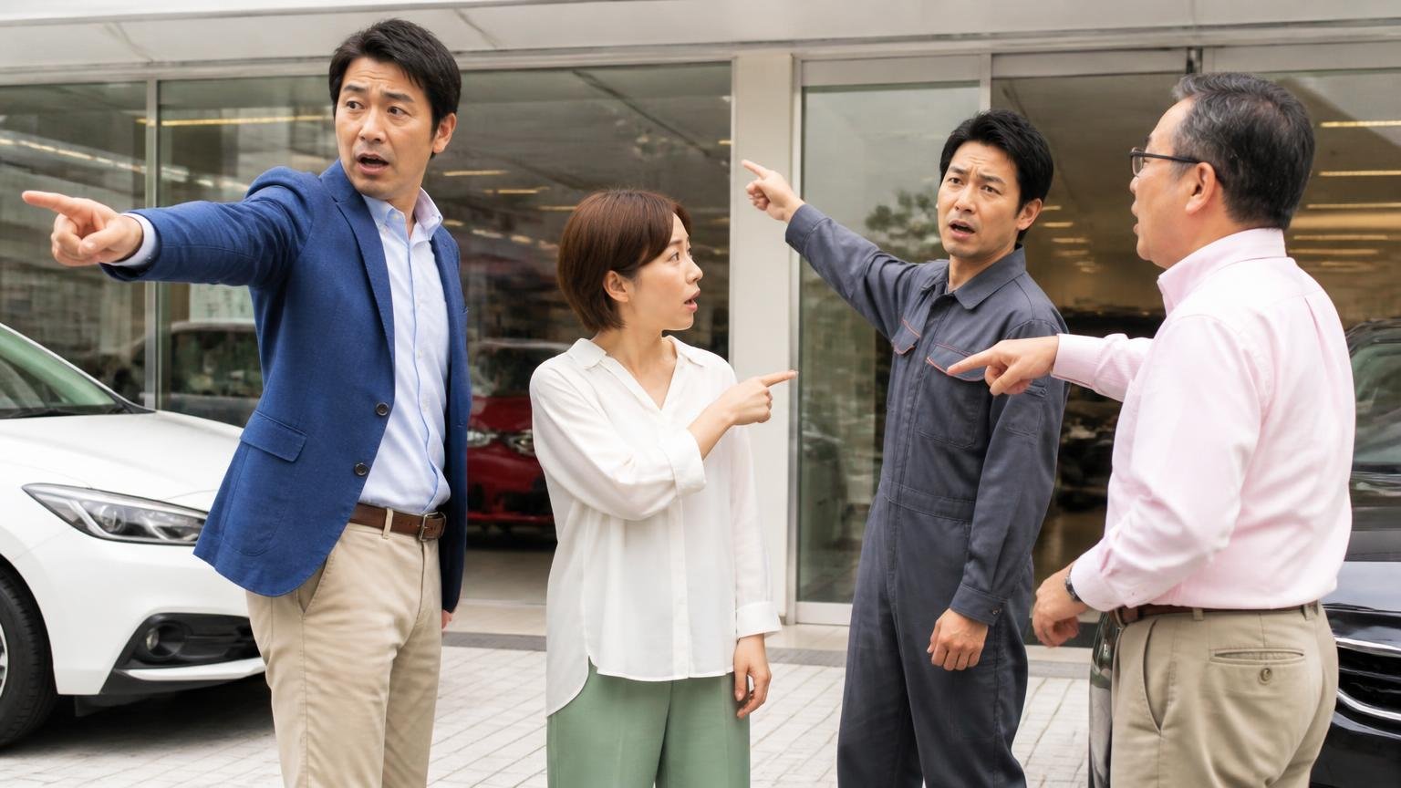 ★の数は「売った人・買った人・働いていた人・通りすがり」で意味がまったく違う 展示場前で4人が別々の方向を指さし議論する