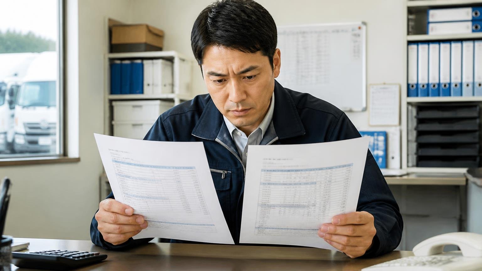 対応の良さと査定額は別の物差し|運送会社の事務所で見積書を2枚並べて見比べる40代男性1人が真剣な表情