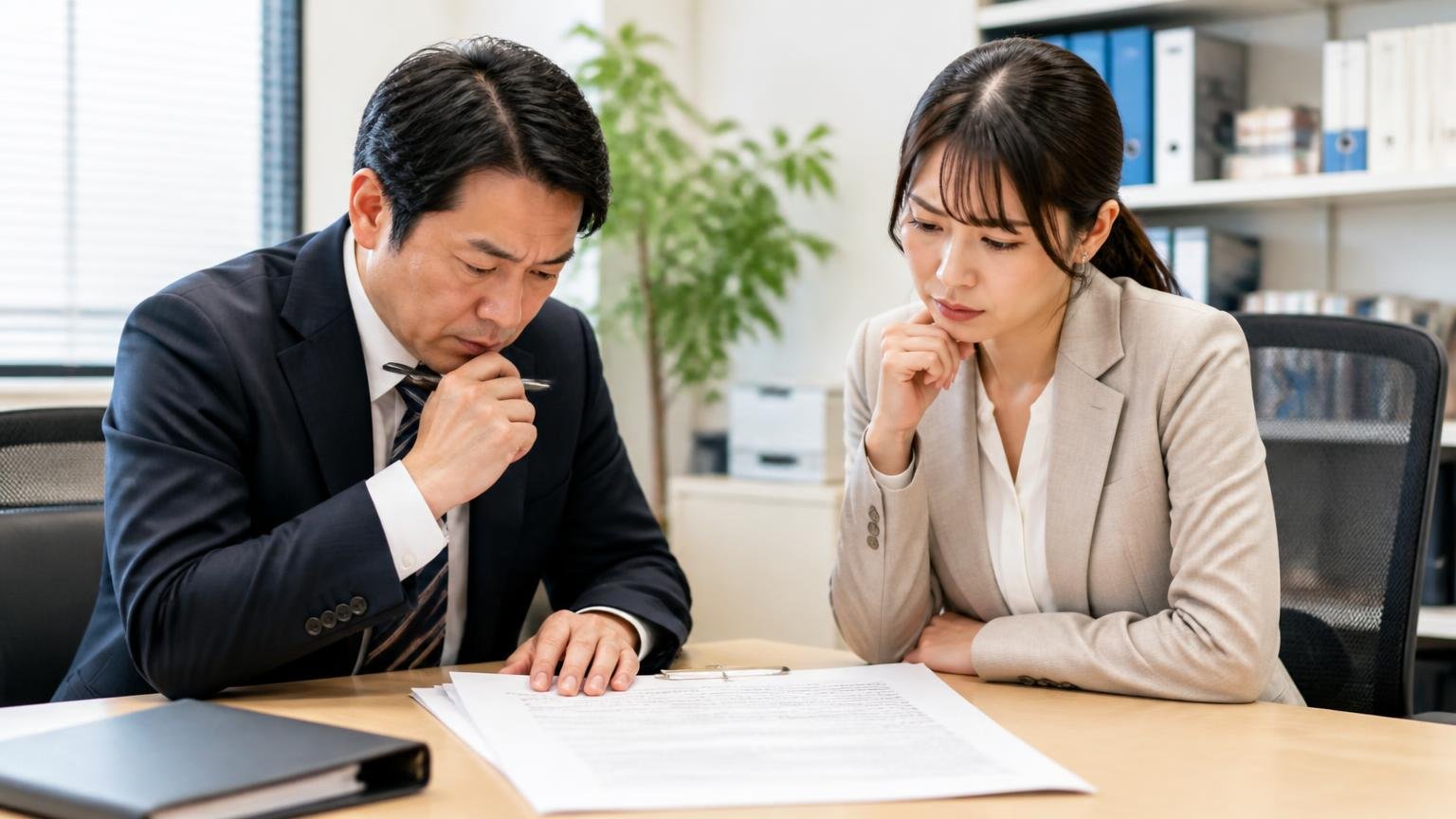 「クーリングオフなし・契約後の解約不可」を売る側の防御に読み替える。事務所で契約書を広げ、ペンを止めて条件を読み込む男性1人と女性1人