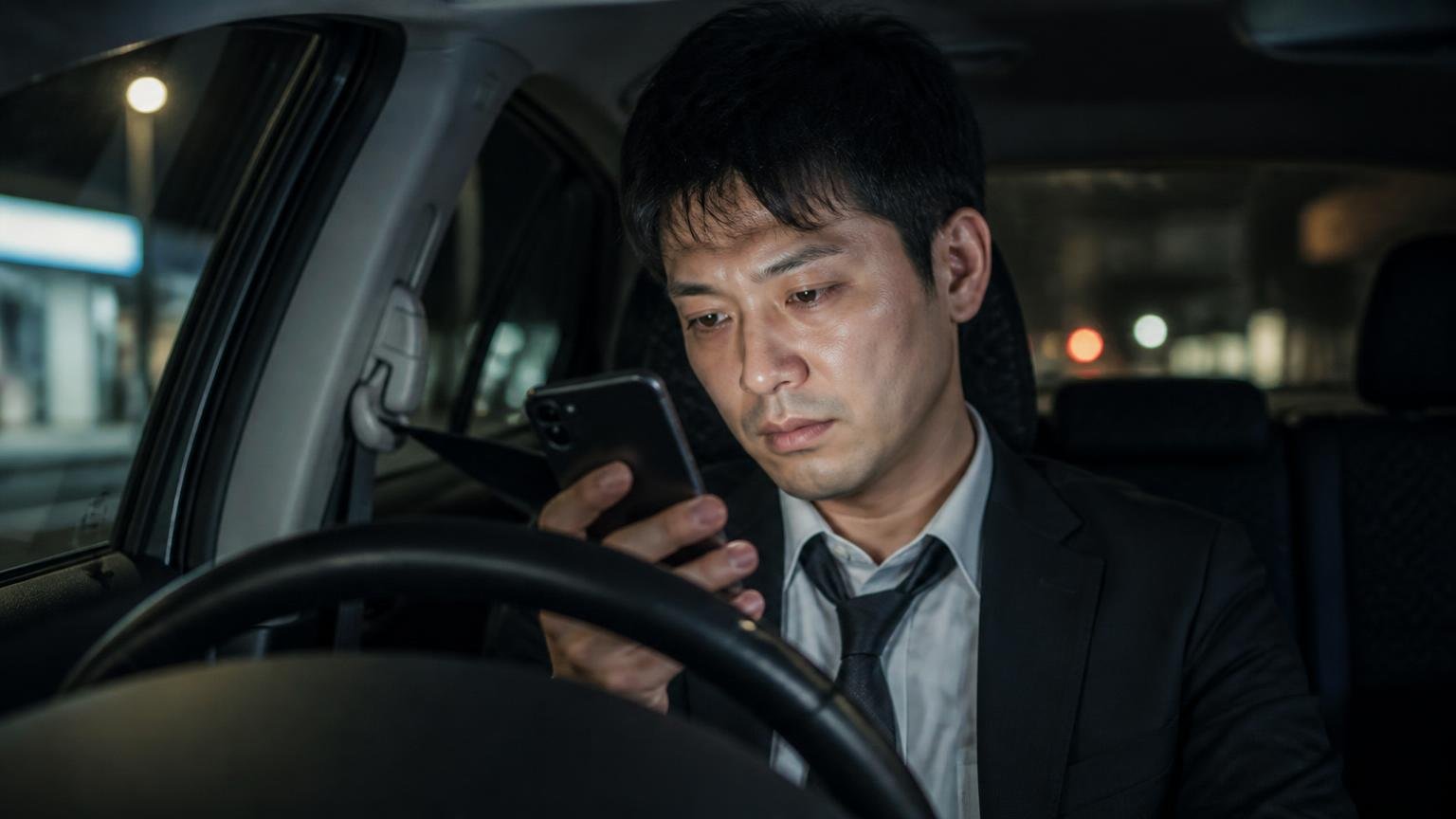 口コミの多くは3年以上前｜ほかのサイトには口コミが見当たらない、夜の運転席でスマホをスクロールし続ける疲れた表情の男性