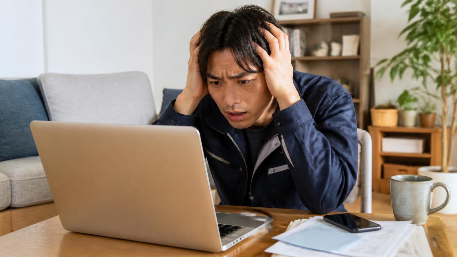 「グリーンベル 評判」には社員の口コミや同じ名前の別会社が混ざる 自宅のリビングでノートPCの検索結果を前に頭を抱える独立1年目の20代ドライバー