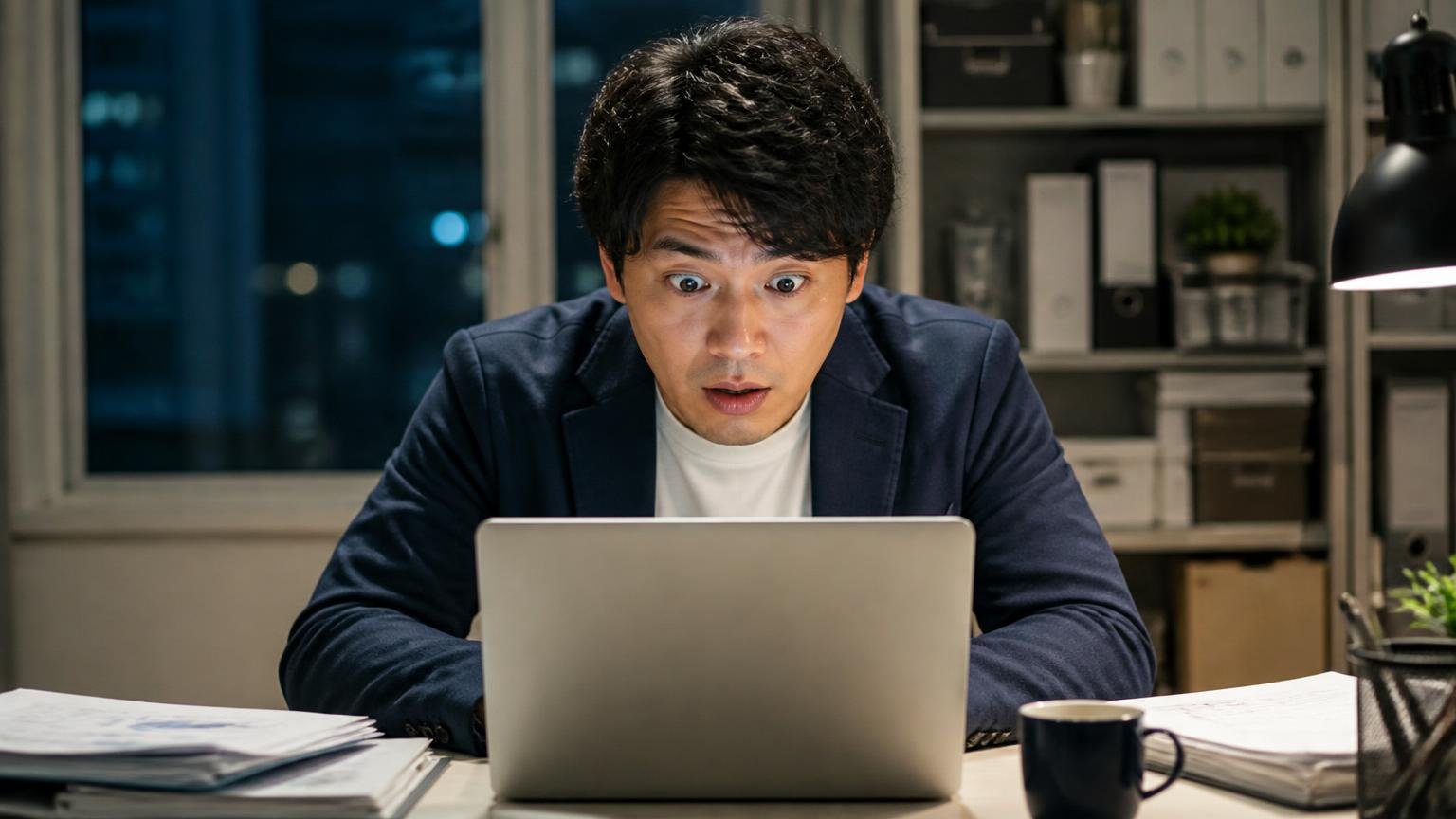 減額の声は無し 夜の事務所の机でノートパソコンの口コミ一覧を最後まで確認する男性1人 目を見開く