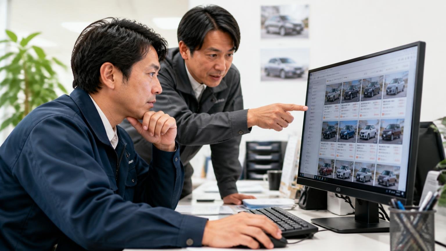 第三者の媒体に情報が載っているか。事務所のパソコンで中古車サイトの在庫一覧を2人が確認する