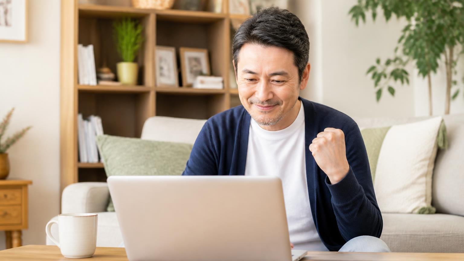 古物商許可の番号がサイトに書かれているか 自宅の居間でノートパソコンの業者サイトを確かめる中年男性1人 納得した表情