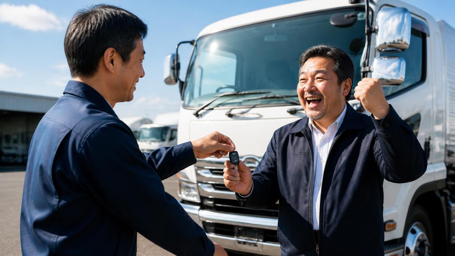 ディーラー下取りや一括査定が向いている人もいる 新車トラックの納車の日に、販売店の担当者から鍵を受け取り喜ぶ運送会社の社長