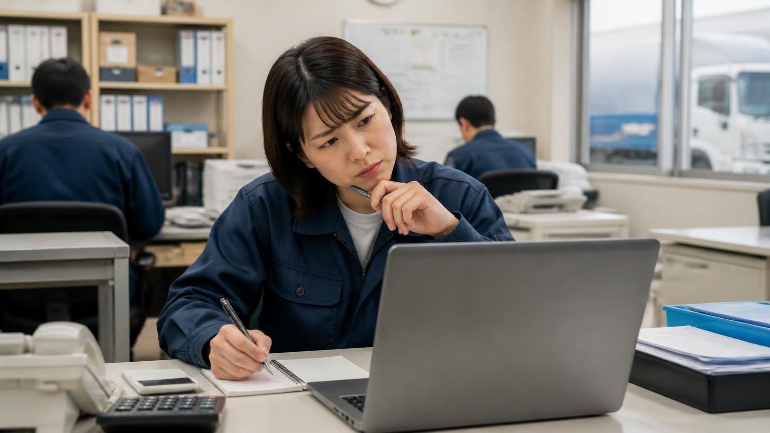 口コミは「金額の話」と「連絡の話」に分けて読む 運送会社の事務所でノートパソコンの口コミ画面を見る女性事務員がメモを取り首をかしげる
