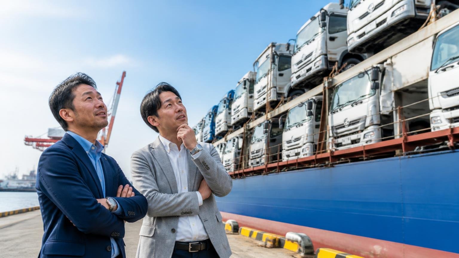 海外販路・自社工場がある業者は値段のつき方が違う、港の岸壁に並ぶ輸出待ちの中古トラックを見上げて感心する40代男性2人