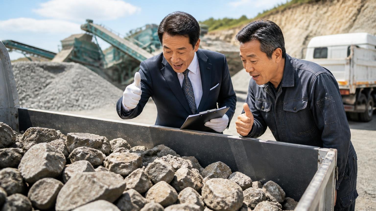 買取対象と販路、古物商許可番号の表示。砕石場のそばに停めたダンプの荷台をのぞき込み大きくうなずく査定士とオーナー