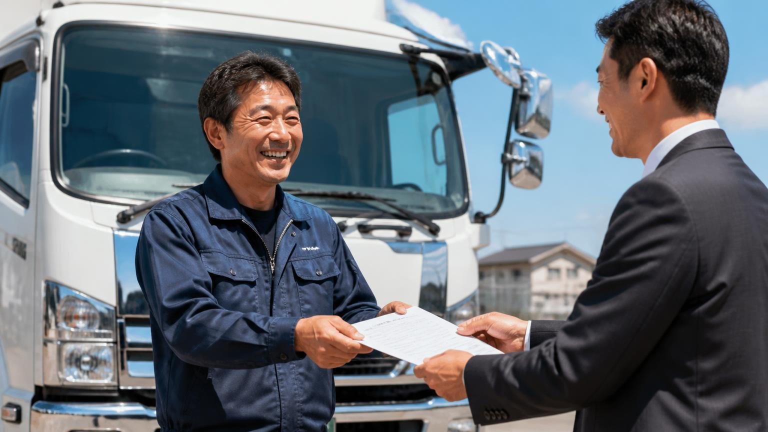 支払い方法と入金のタイミング:トラックの前で男性ドライバーが査定員から書類を受け取り、ほっとした笑顔を見せる