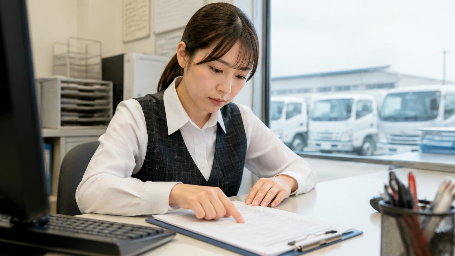 支払い方法と入金のタイミングを確かめる、営業所の事務所でトラックの売買契約書を指でなぞりながら入金日を確認する女性事務員1人