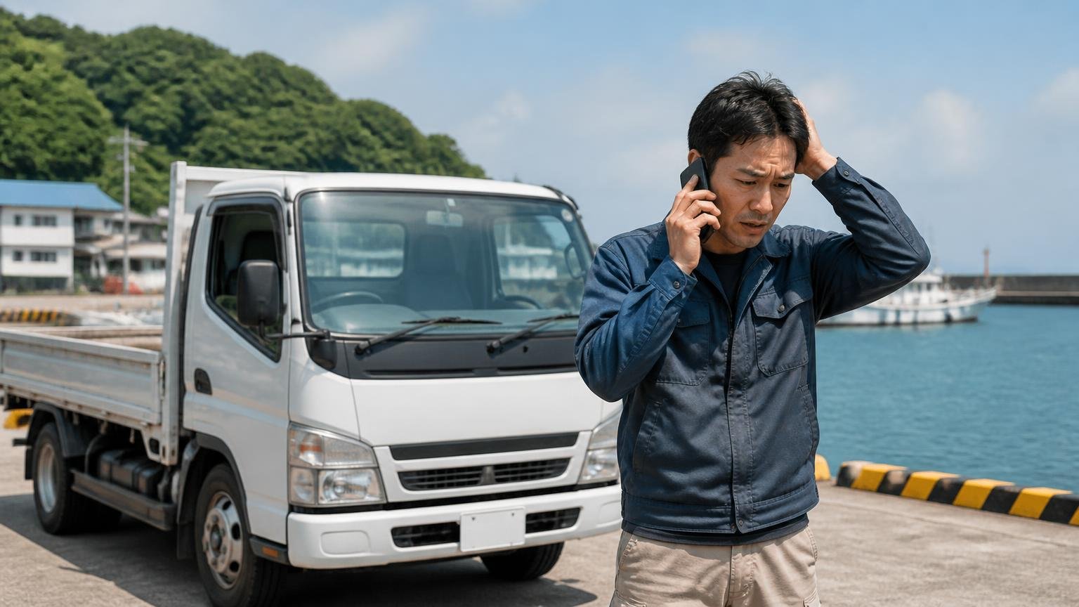 島しょ部のトラックは出張査定の対象外になりやすい 島の港近くに停めた2tトラックの横で電話をかけ困った顔をする男性1人