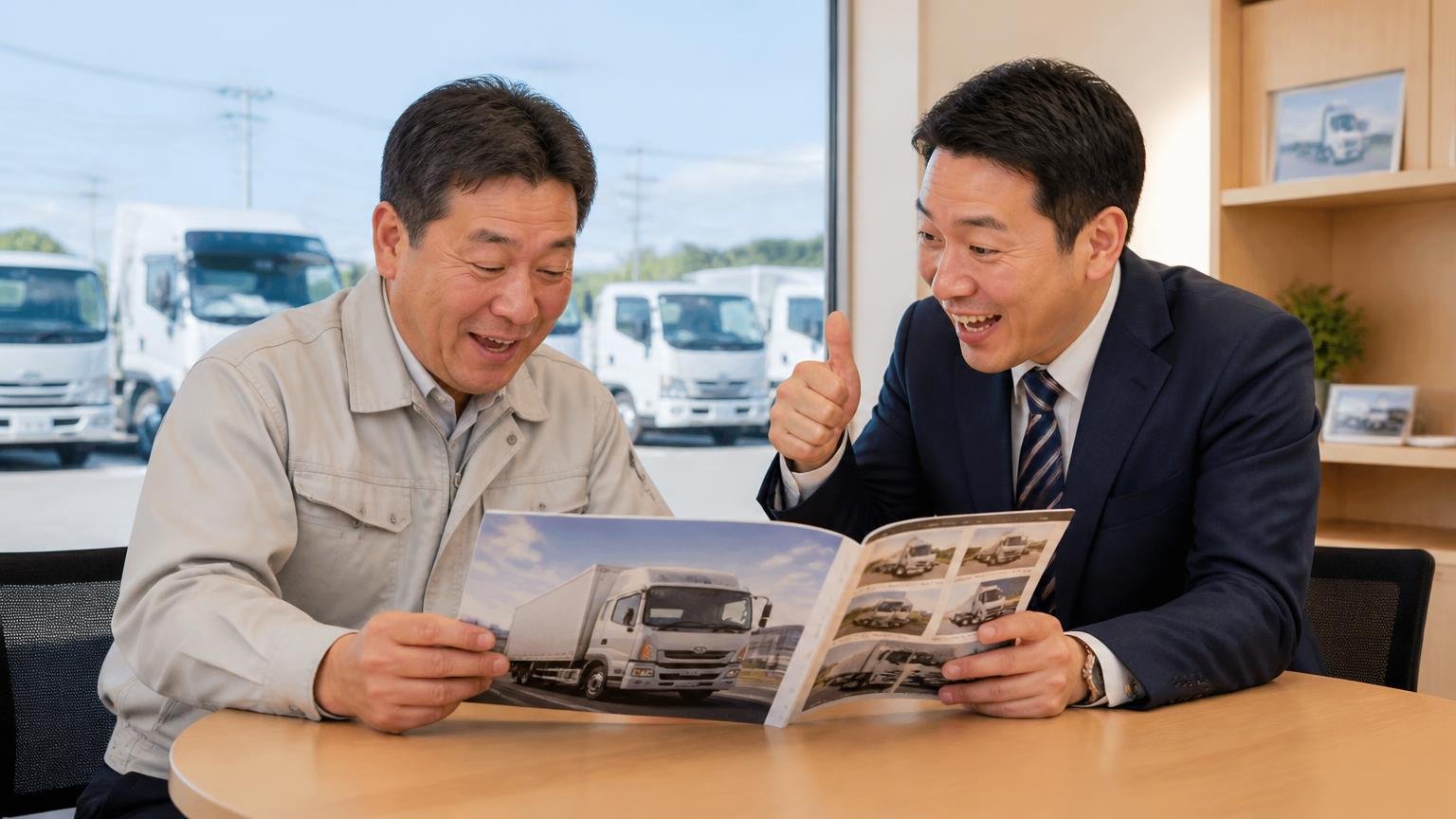 ディーラー下取りが向いている人、トラック販売店の商談席で新車のトラックのカタログを広げる事業者と営業担当が大きくうなずく場面