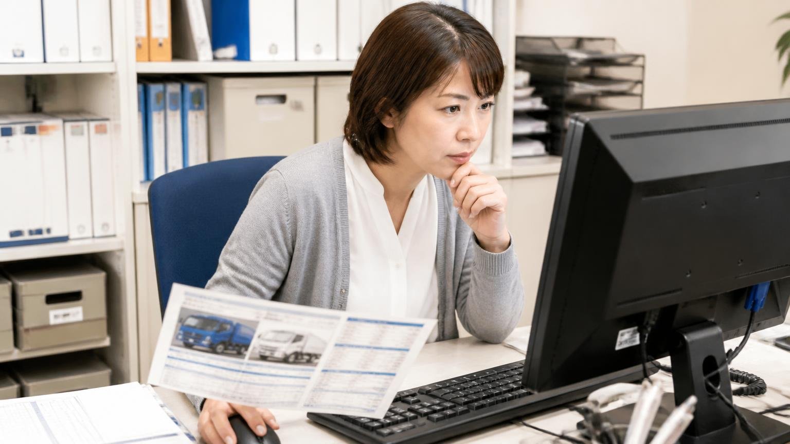 口コミが少ない地域では「会社情報と書面の見積もり」で選ぶ 事務所のパソコンでトラック買取業者の会社概要を確かめる女性事務員