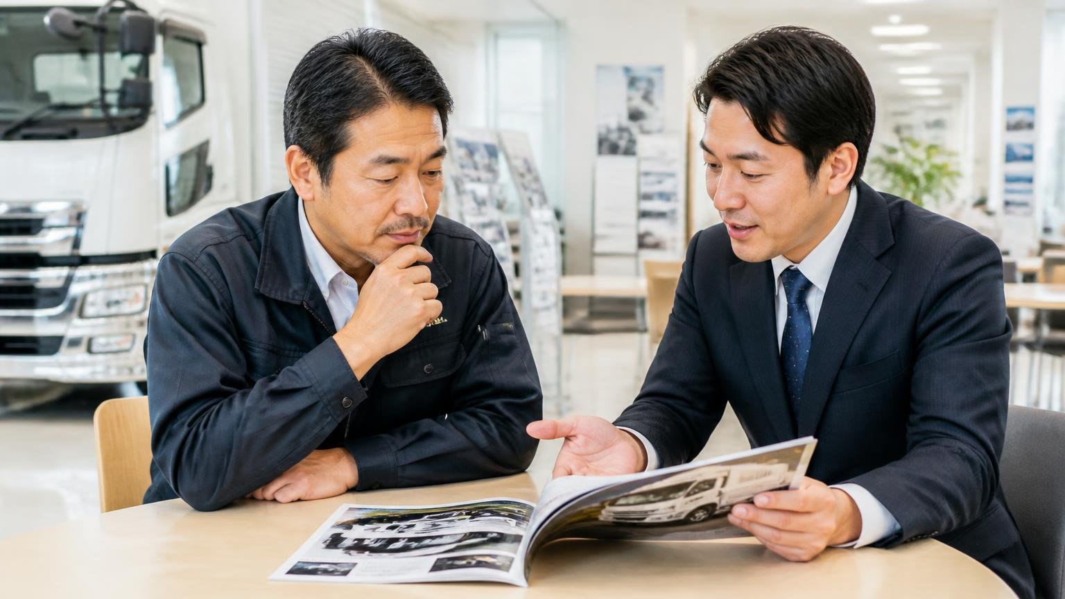 ディーラー下取りや一括査定サイトが向いている人もいる トラックの販売店の商談席で新車のカタログを前に営業担当と話す運送会社の社長