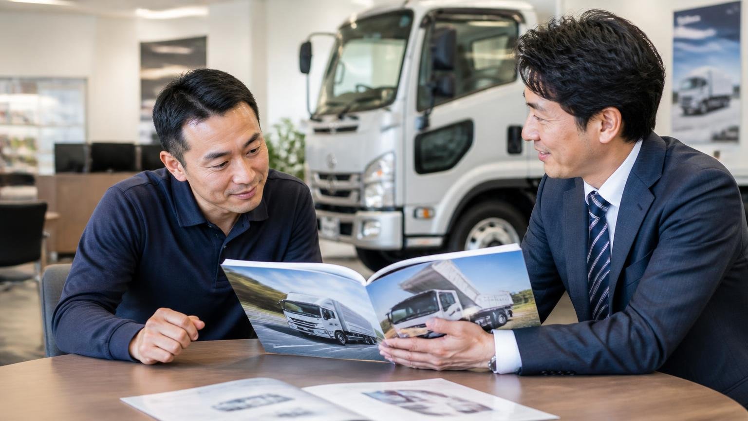 ディーラー下取りや一括査定が向いている人もいる トラック販売店の商談席で、新車のカタログを見ながら担当者とうなずき合う男性