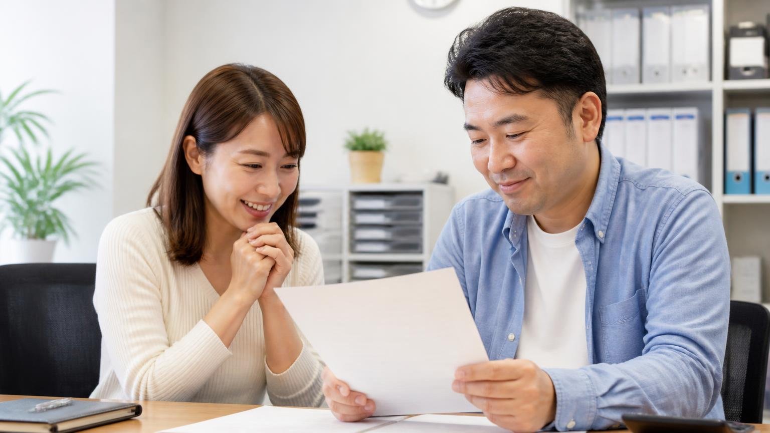 「減額しない条件」と「名義変更の完了連絡」を約束してくれるかを見る、事務所で契約書を読み込み安心した表情の男女2人