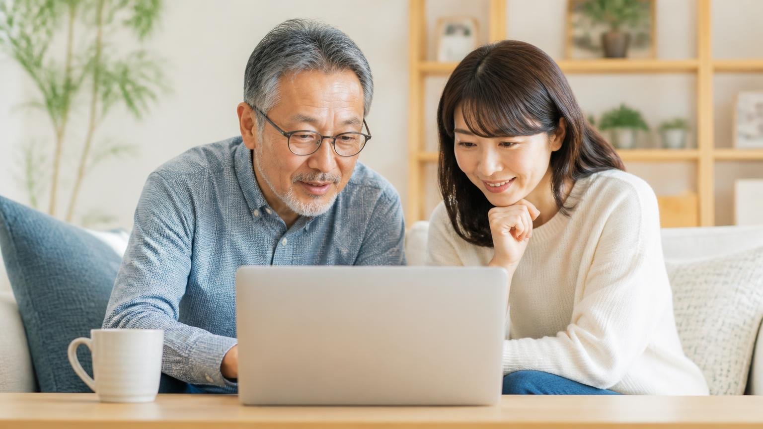 会社の情報と査定の体制が確認できるか:自宅のリビングで年配の男性と娘がノートパソコンの会社概要をのぞき込み、うなずき合う