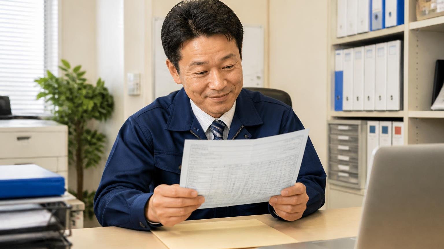 名義変更の代行と完了の連絡があるかを確かめる、事務所のデスクで郵送されてきたトラックの車検証の写しを受け取りほっとした表情の男性1人