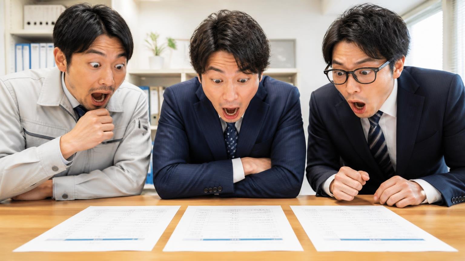 最低2〜3社の無料査定を横に並べてから決める、事務所の机に3枚の見積書を並べて見比べる男性3人が目を見開く