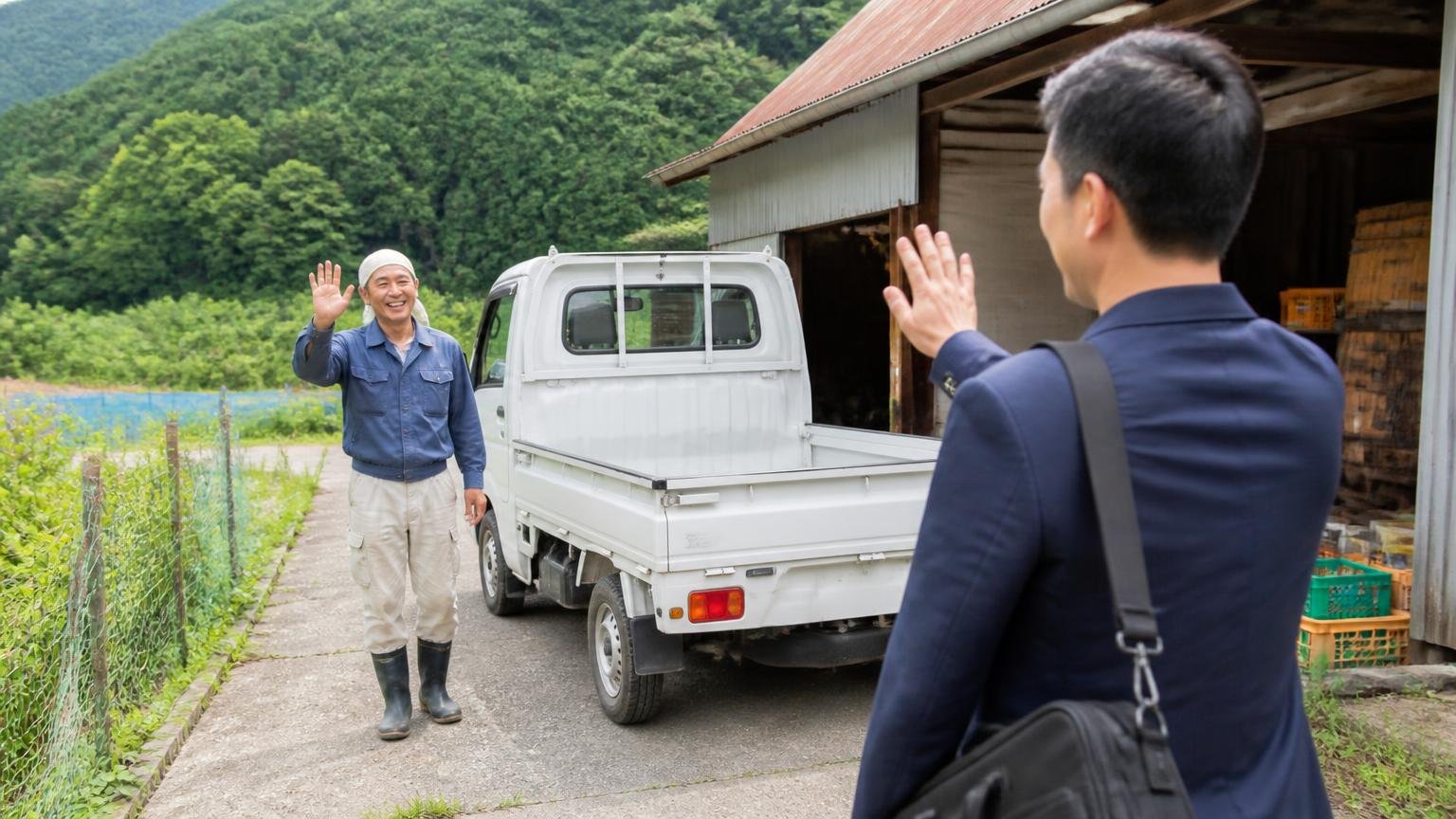 紀南や山間部の出張査定|山あいの細い道の先の倉庫前に停めた軽トラを確認しに来た査定員と手を振る農家の男性