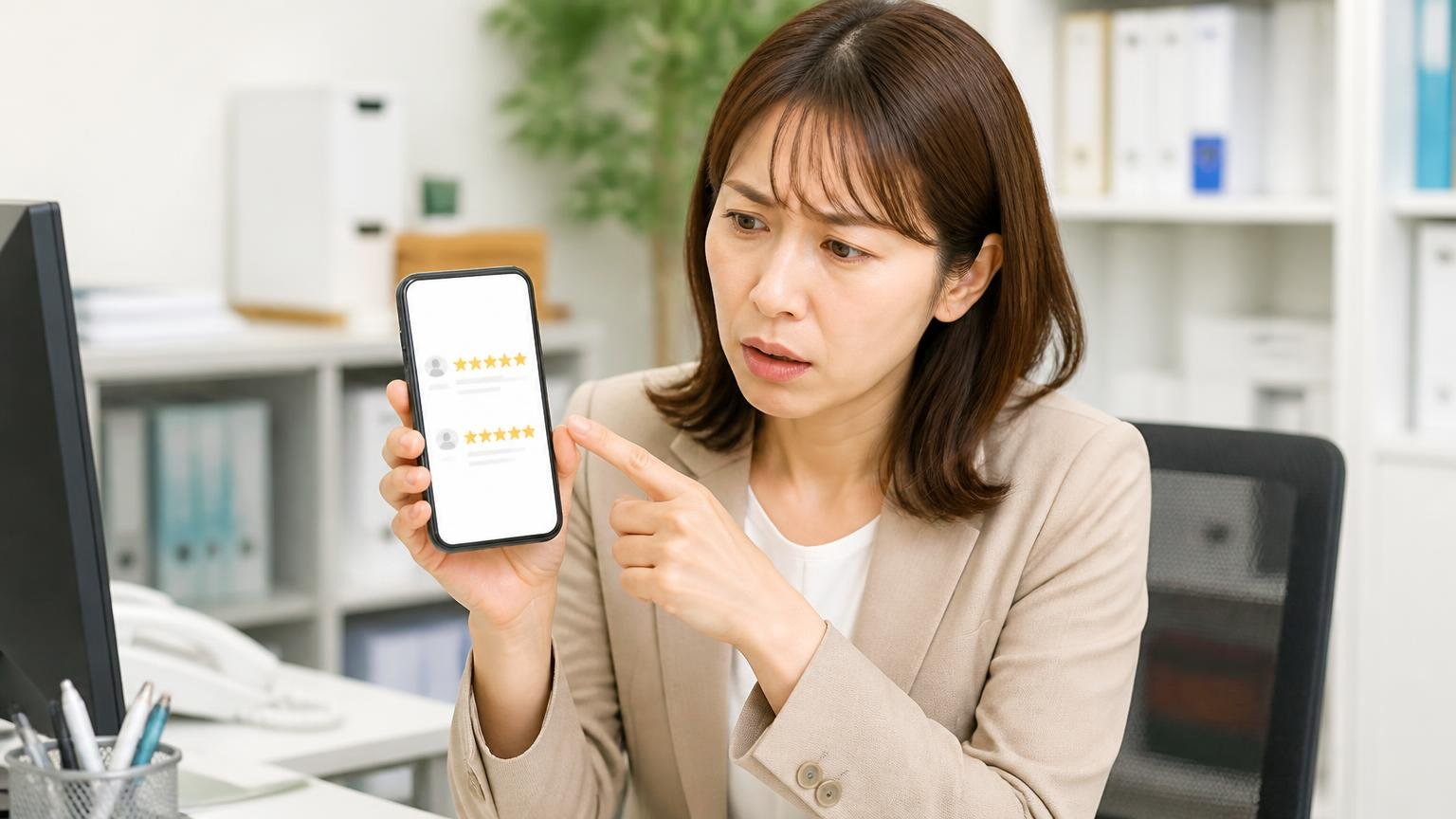 良い評判は★5が2件だが理由は書かれていない。事務所でスマホの口コミ画面を指差す女性1人が困惑した表情