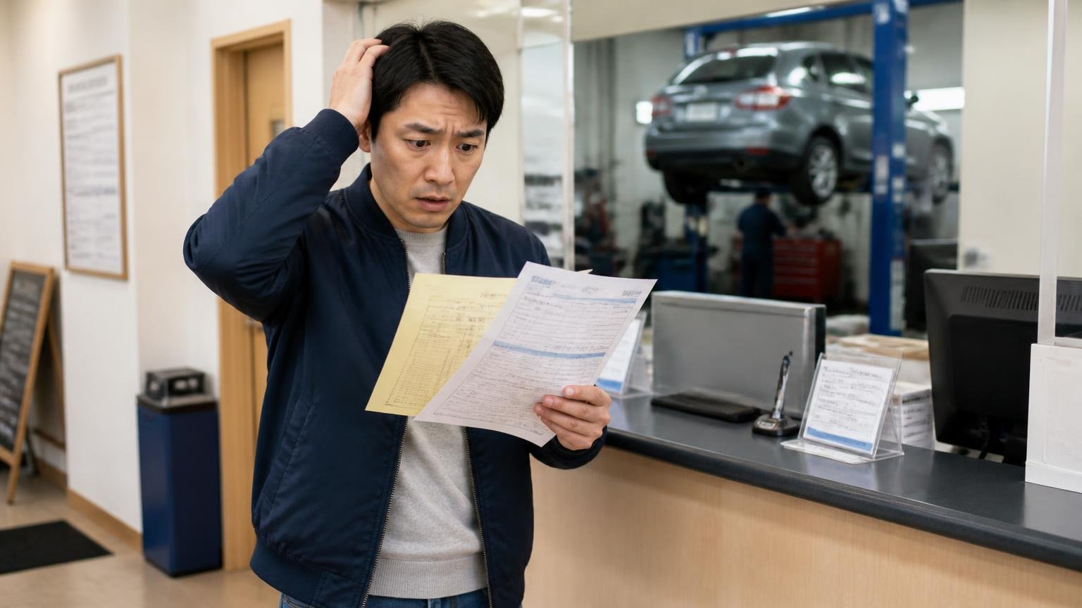 金額の計算ミスと書類の返却ミスに困る場面を整備工場の受付カウンターで書類を手に立ち尽くす男性客1人で表現