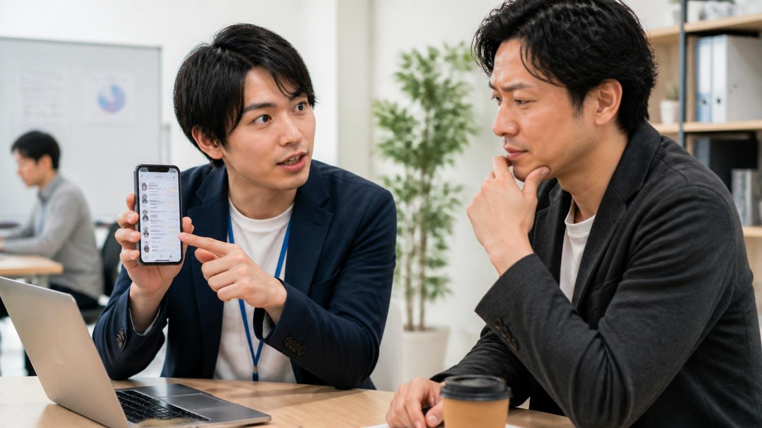 悪い口コミは誰がいつ何に対して書いたかで意味が変わる｜事務所でスマホの口コミ画面を見せながら話す若手と先輩の2人